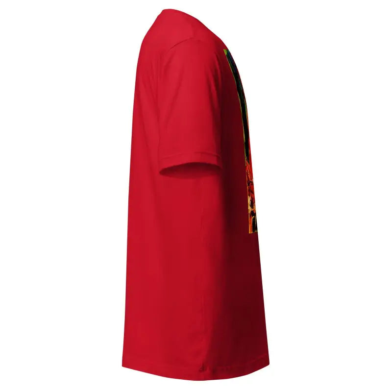 Side view of a Red Unisex T-shirt for Trick R Treat Halloween celebration