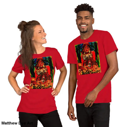 Matching red unisex t-shirts featuring Halloween Trick r Treat graphic design