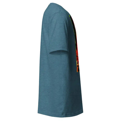 Teal-colored unisex t-shirt side view for Trick R Treat Halloween themed apparel