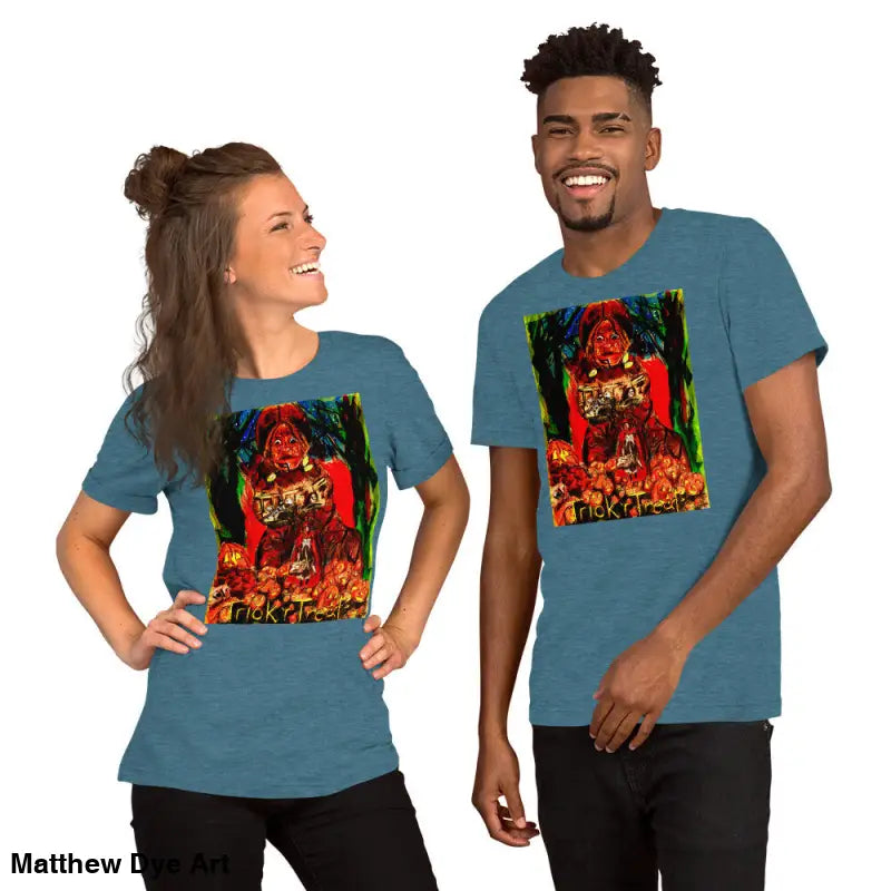 Matching unisex Halloween t-shirts featuring Nightmare Trickster design for trick r treat