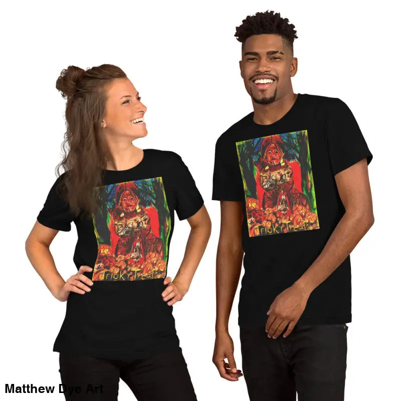 Two black unisex Halloween t-shirts with colorful Trick R Treat graphic prints