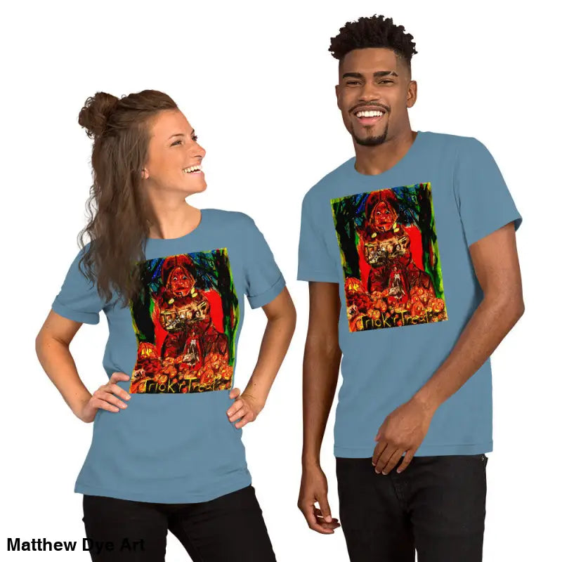 Two blue unisex Halloween t-shirts featuring a Trick R Treat graphic design