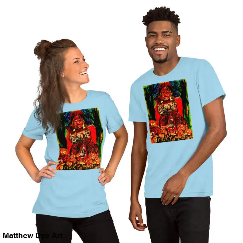 Two unisex light blue t-shirts featuring a Trick R Treat Halloween graphic design