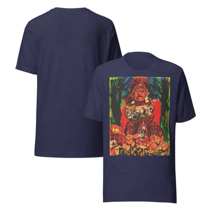 Two navy unisex t-shirts showcasing Nightmare Trickster Halloween design, perfect for trick r treat