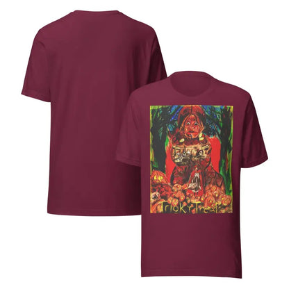 Maroon unisex Halloween Art Tee featuring a Nightmare Trickster graphic for Trick or Treat