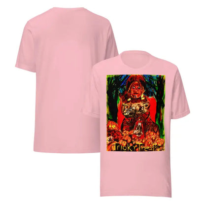 Two pink unisex t-shirts from the Nightmare Trickster Halloween collection