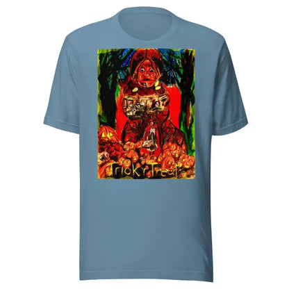 Light blue unisex t-shirt featuring Halloween horror artwork for Trick R Treat