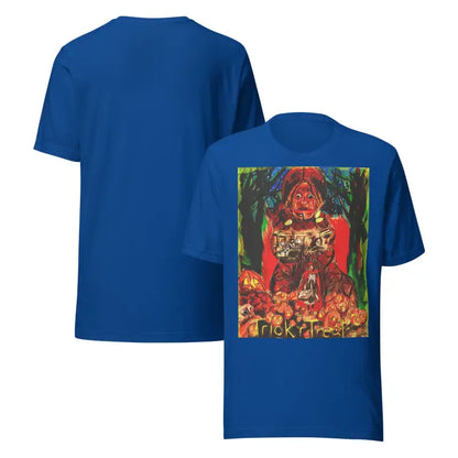 Blue unisex Halloween t-shirt featuring a Trick R Treat graphic design