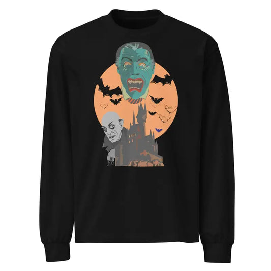 Black long sleeve shirt with vintage Halloween monster design and bats against orange moon