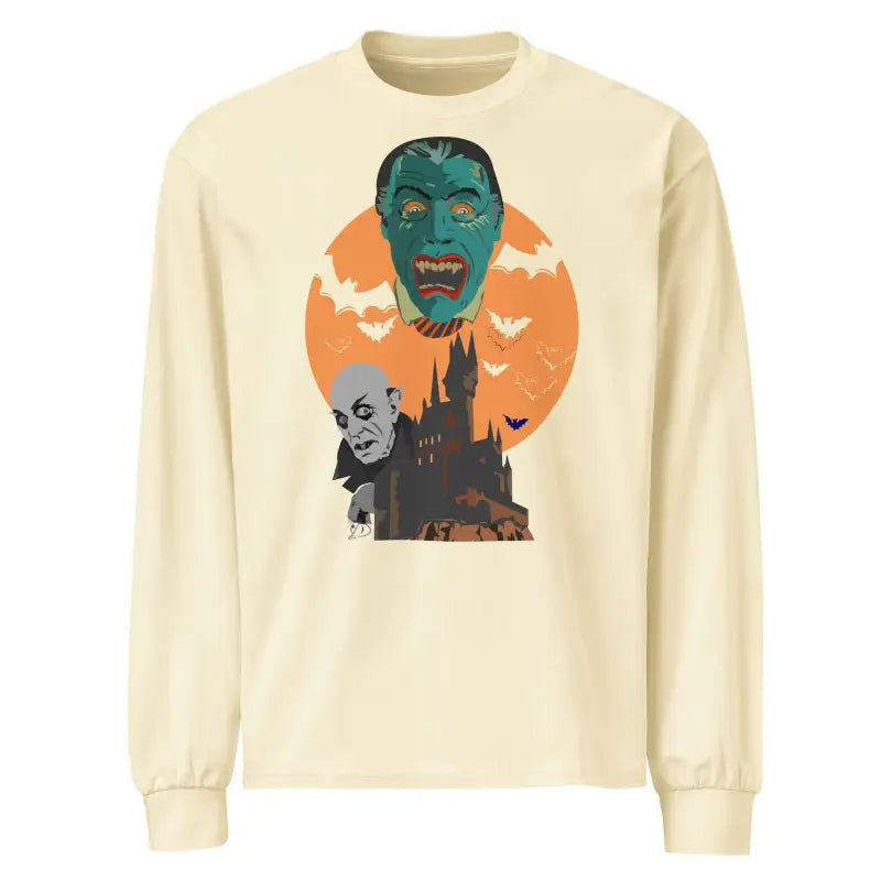 Cream-colored long sleeve shirt showcasing vintage Halloween monster design with bats