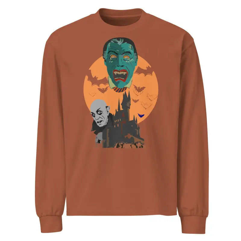 Rust-colored long sleeve shirt with vintage Halloween monster graphic and orange moon