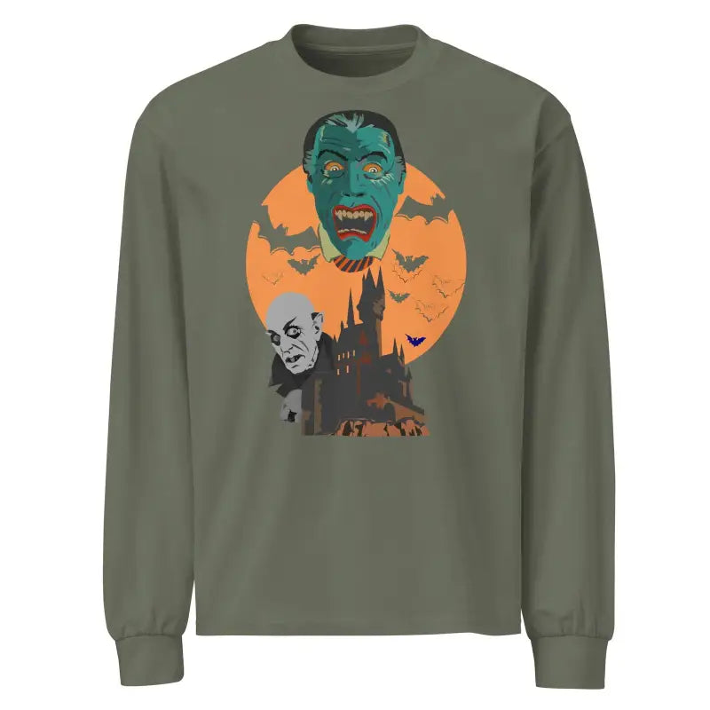 Olive green long sleeve shirt with vintage horror design featuring bats and full moon