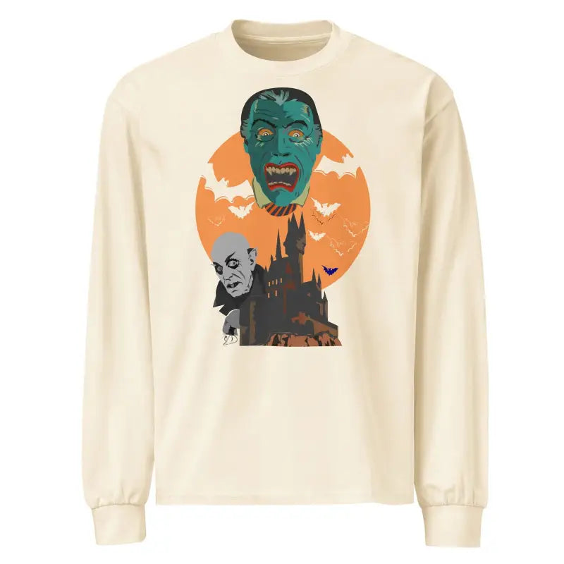 Cream-colored long sleeve shirt with vintage horror graphic of a green monster and bats