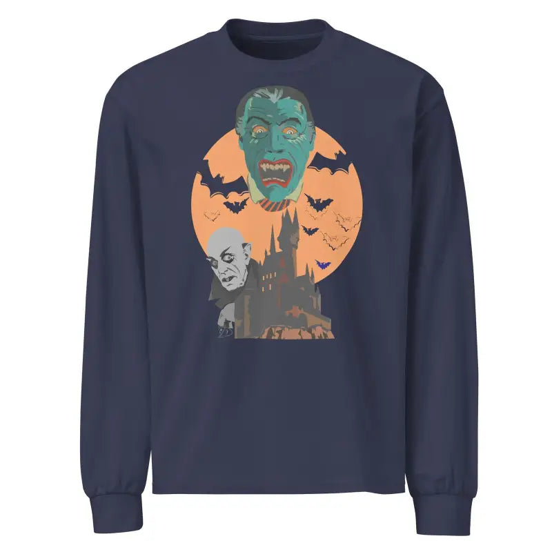 Navy blue long sleeve shirt with vintage Halloween monster design and orange moon