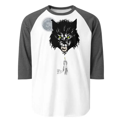 Baseball-style raglan t-shirt featuring a fierce black wolf head and glowing eyes design