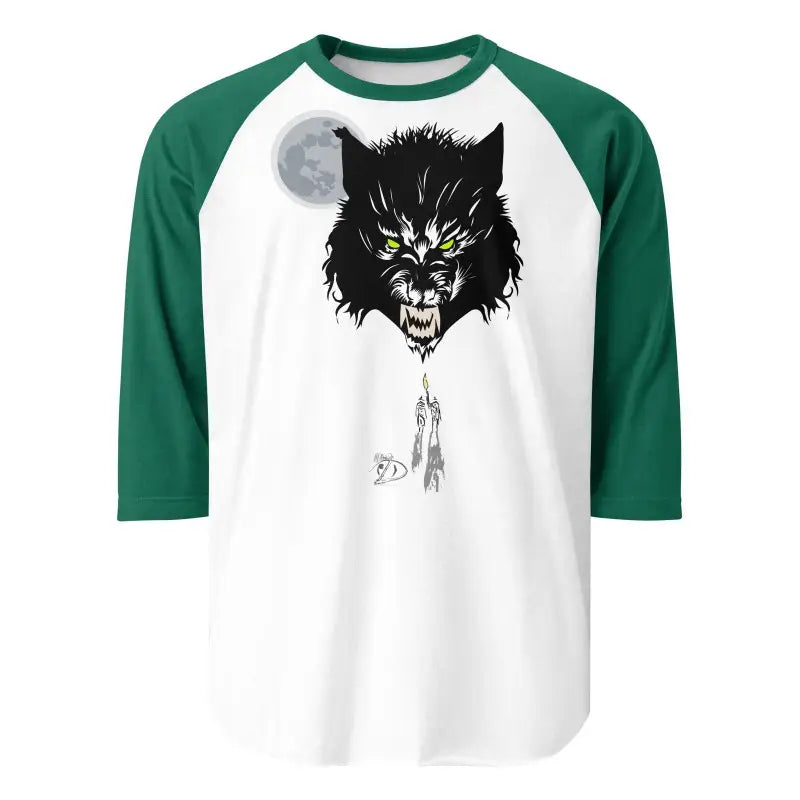 Baseball-style raglan t-shirt featuring classic werewolf design in black and green cotton