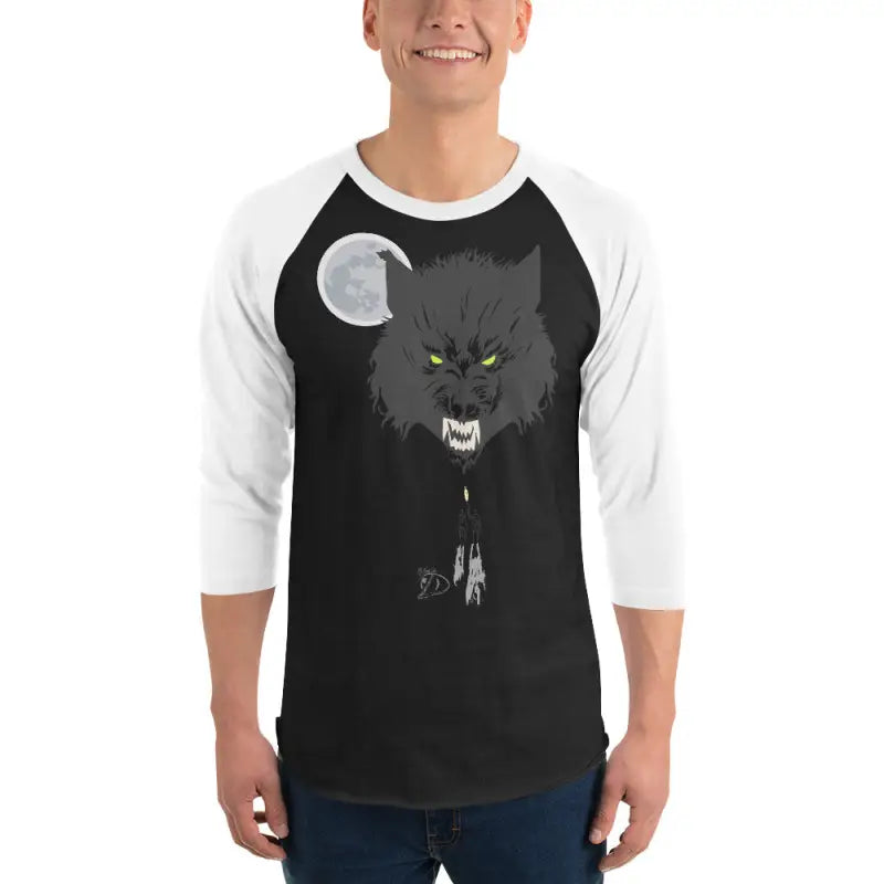 Baseball-style raglan t-shirt featuring a fierce wolf and moon design in cotton