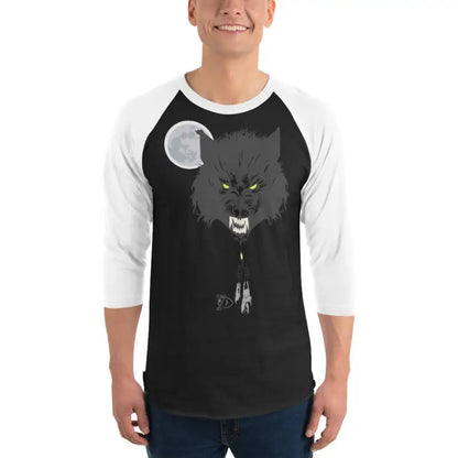 Baseball-style raglan t-shirt featuring a fierce wolf and moon design in cotton