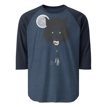 Navy blue cotton baseball tee with minimalist werewolf design and glowing eyes