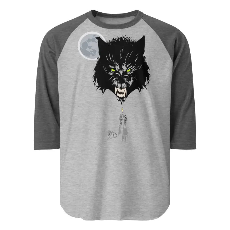 Gray and black werewolf raglan t-shirt in cotton featuring a fierce design and glowing eyes