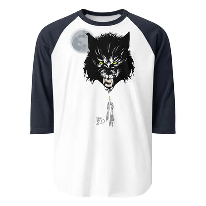 Baseball-style raglan t-shirt with classic werewolf head design against full moon in cotton