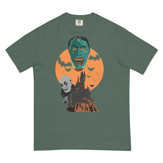 Green Vampires Unisex Heavyweight T-Shirt featuring vintage Halloween monster design