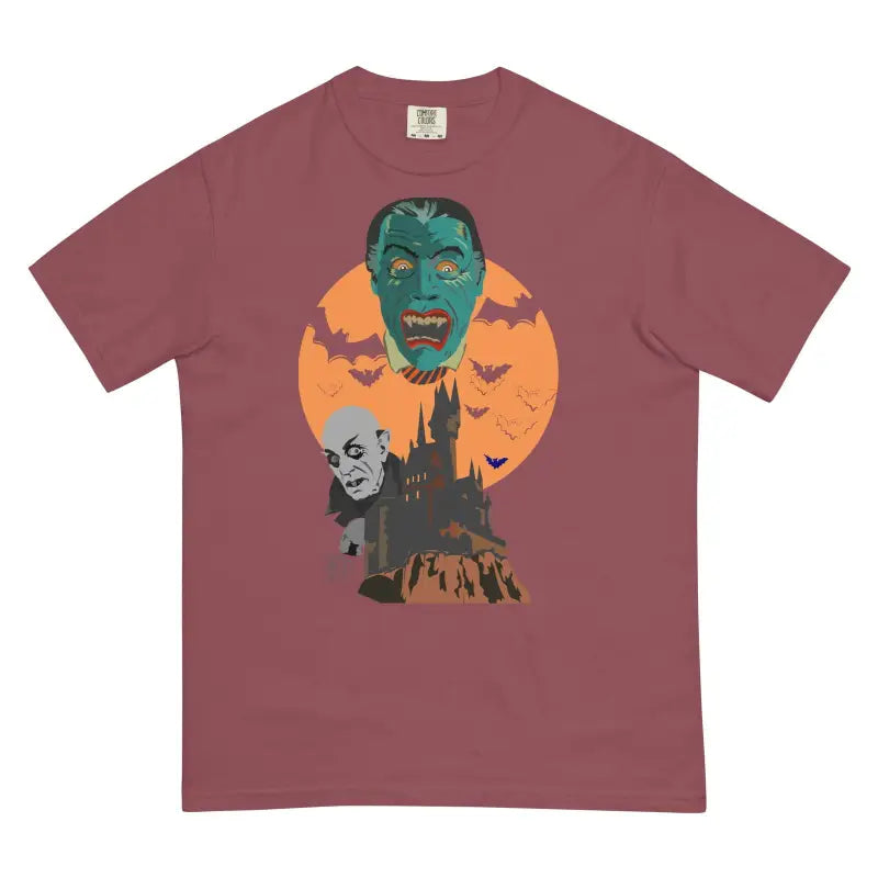 Burgundy vampires unisex heavyweight t-shirt with vintage Halloween monster design