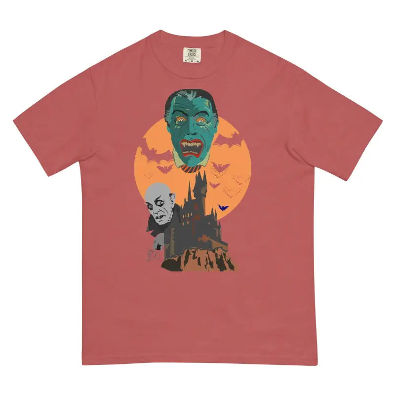 Dusty rose heavyweight t-shirt with vintage Halloween monster art and bats against orange moon