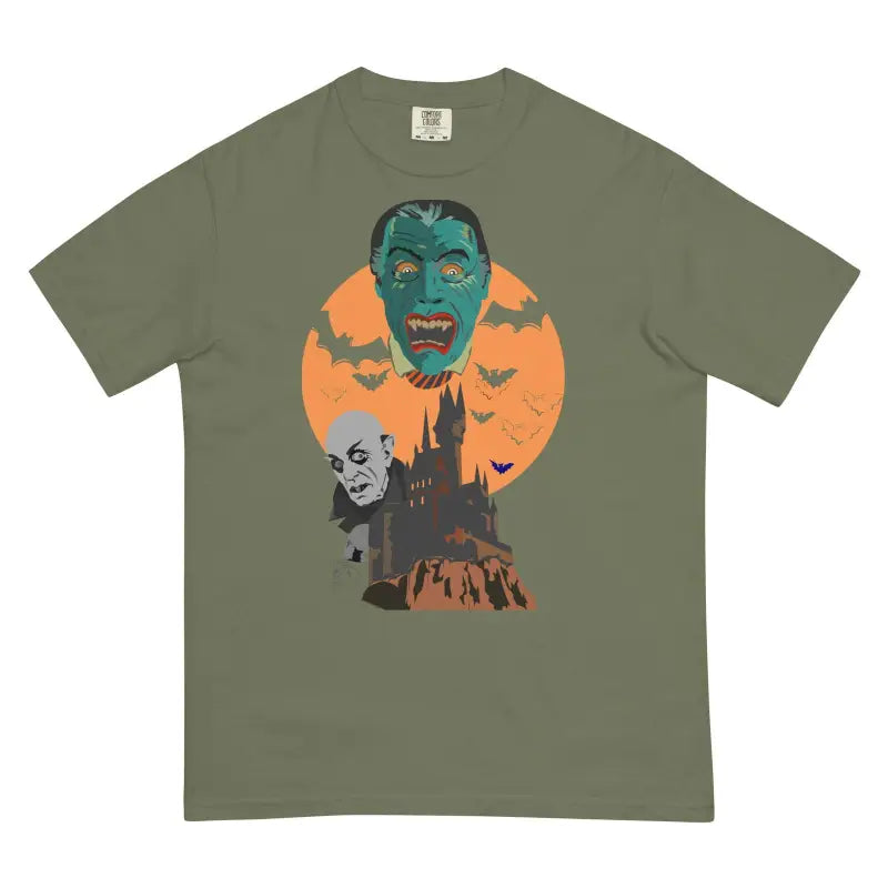 Olive green vampires unisex heavyweight t-shirt with vintage Halloween monster artwork