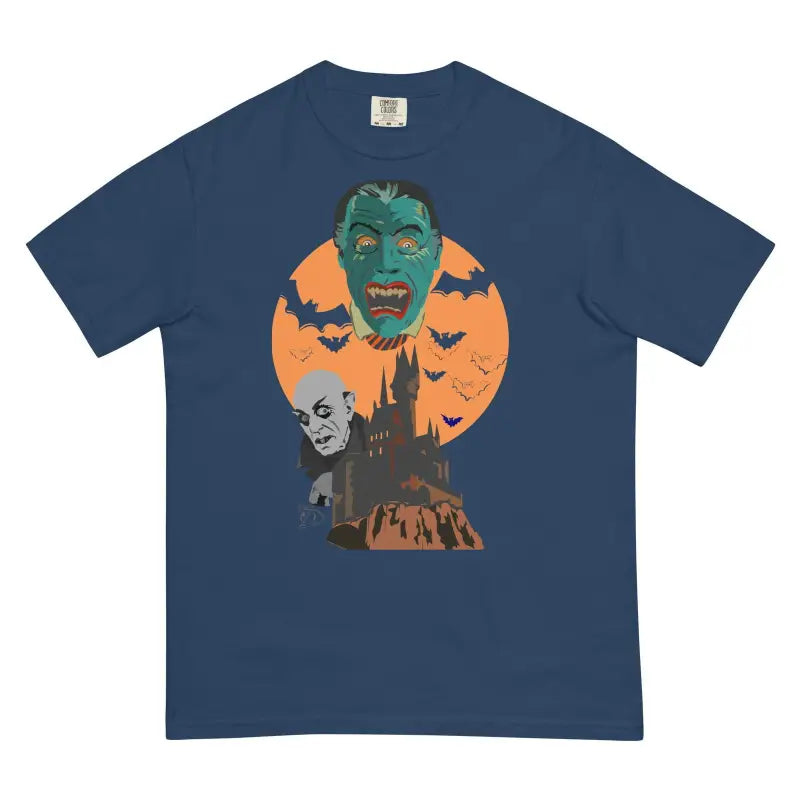 Navy blue Vampires Unisex Heavyweight T-Shirt with vintage Halloween monster design