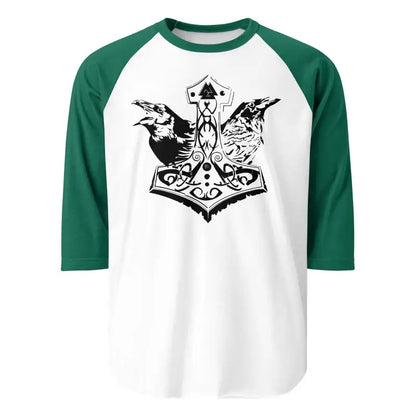 White and green raglan tee featuring Norse mythology design by Matthew Dye Art