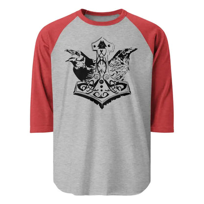 Red and gray Norse mythology raglan t-shirt featuring Thor’s hammer and ravens by Matthew Dye Art