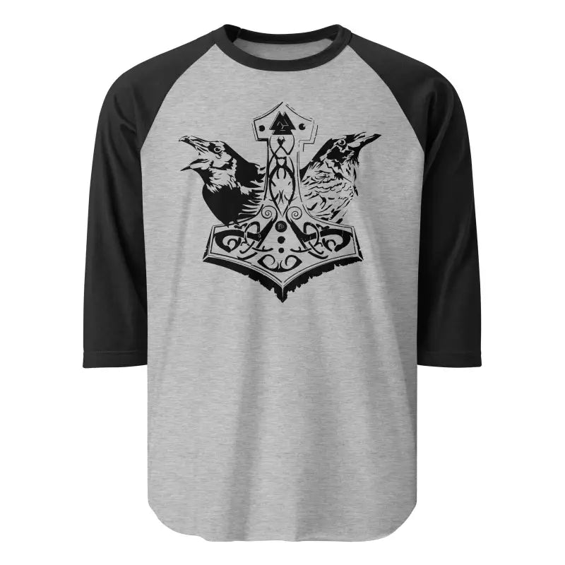 Baseball-style raglan t-shirt featuring Matthew Dye art with Thor’s hammer and ravens design