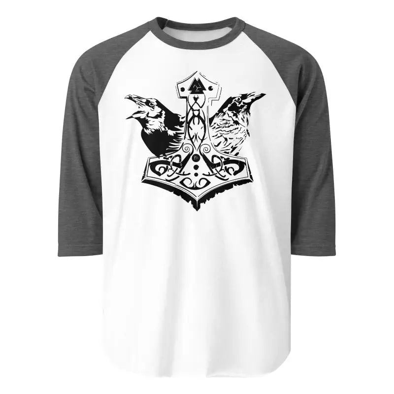 White and gray Norse Mythology raglan featuring Thor’s hammer and ravens by Matthew Dye Art