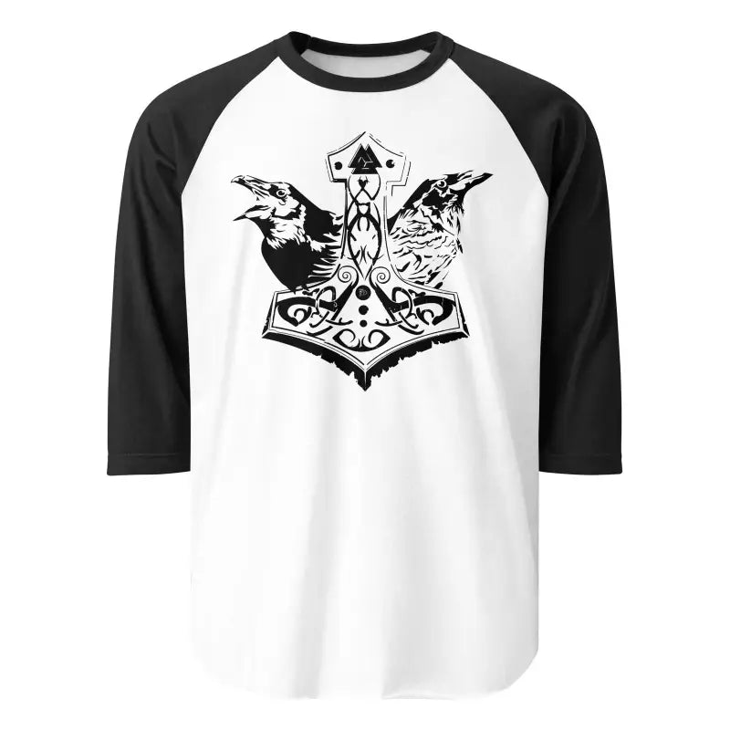 Norse Mythology Raglan Tee featuring Thor’s Hammer and ravens design by Matthew Dye Art