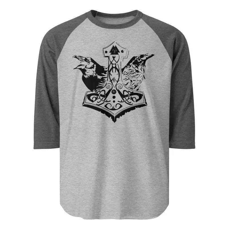 Grey and black Norse mythology raglan tee featuring Thor’s hammer design by Matthew Dye Art