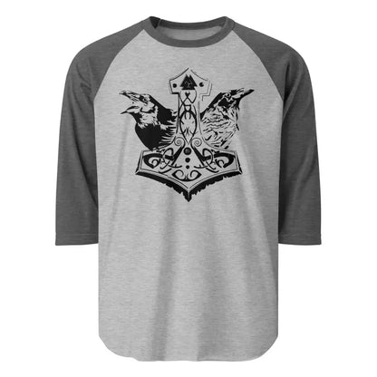 Grey and black raglan tee featuring Norse mythology design with Thor’s hammer by Matthew Dye Art