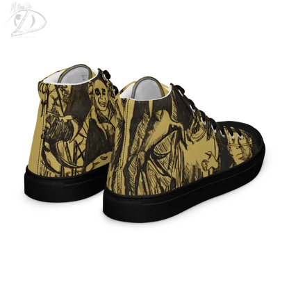 High-top canvas shoes with yellow and black Matthew Dye art of classic horror design