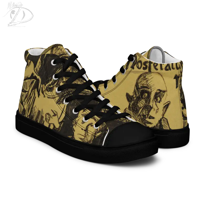 High-top sneaker showcasing Matthew Dye art in black and tan on classic horror canvas shoes