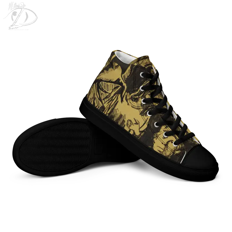 High-top canvas shoes featuring Matthew Dye art in a brown and black camouflage pattern