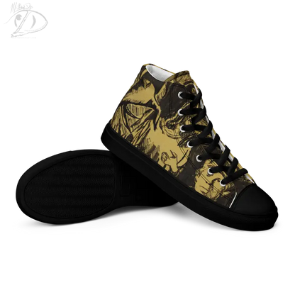 High-top canvas shoes featuring Matthew Dye art in a brown and black camouflage pattern