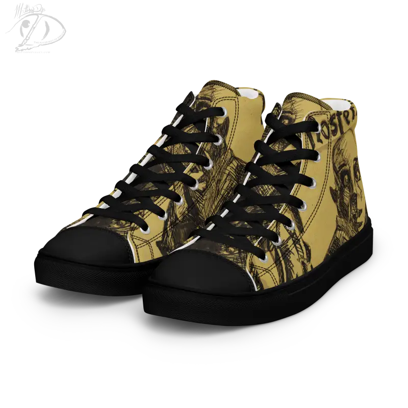 High-top canvas shoes featuring gold and yellow design, showcasing Matthew Dye art of classic horror