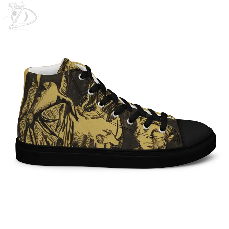 High-top canvas shoes featuring Matthew Dye art with a yellow and black horror design