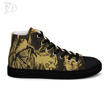 High-top canvas shoes featuring Matthew Dye art with a yellow and black horror design