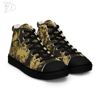 High-top canvas shoes with yellow and black zombie-themed graphic by Matthew Dye Art