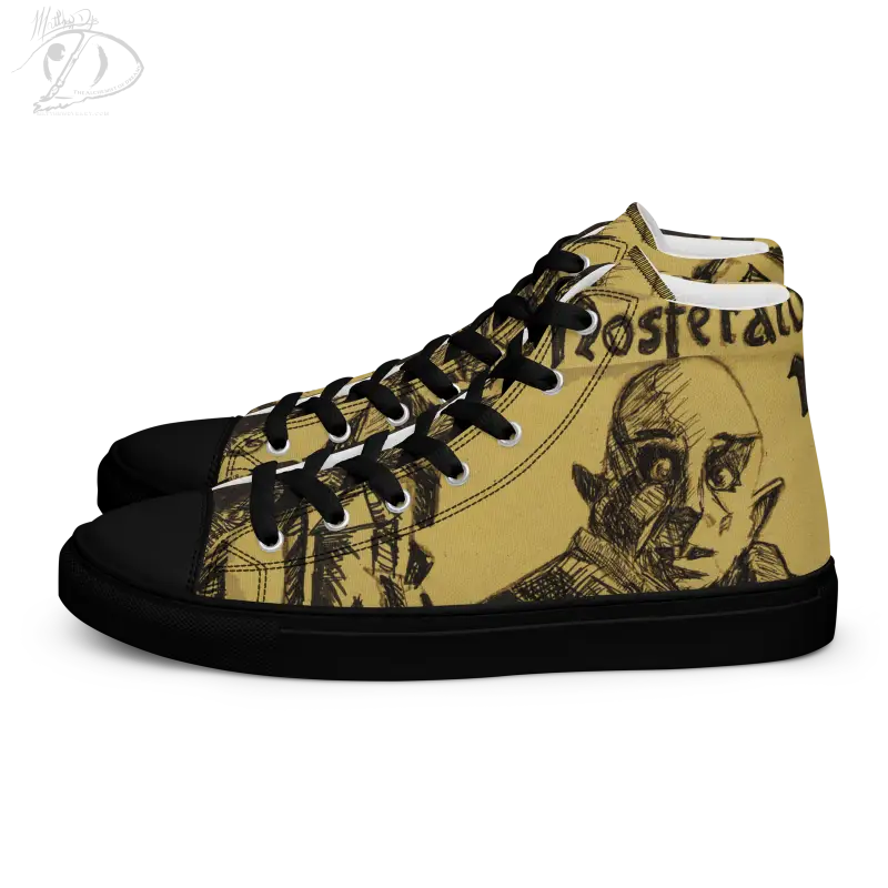 High-top canvas shoes with artistic yellow and black design featuring Matthew Dye art