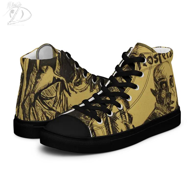 High-top sneakers in yellow and black with Matthew Dye art of classic horror designs