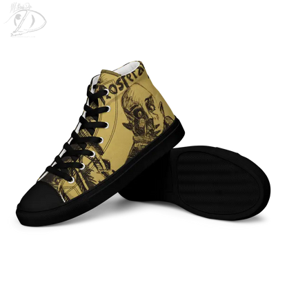 High-top canvas shoes featuring Matthew Dye art with a gold and black postal design