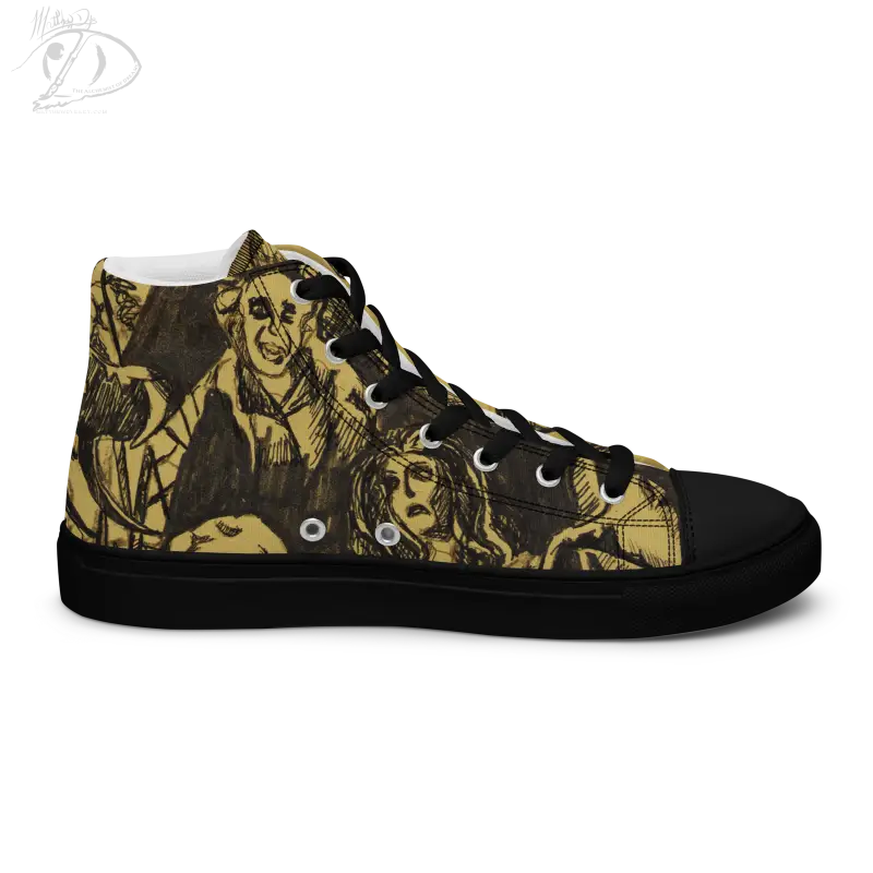 High-top canvas shoes with yellow and black Matthew Dye art of classic horror themes