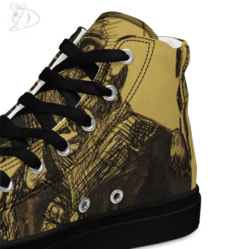 High-top camouflage canvas shoes featuring Matthew Dye art of classic horror design